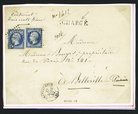 N°14, 2 pièces, OBL PC 796 + T15 Chateauroux (1862) sur lettre chargée (VD 300F) (20c de taxe de base et 20c taxe de chargement). TB