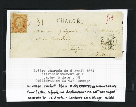 N°23 OBL GC 947 + T15 Chateauroux (1864) sur bande chargée avec au verso CAD bleu "B des rebuts des non valeurs" et mention manuscrite "refusée la destinataire ne sait pas signer". TB