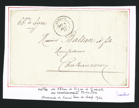 Lettre en franchise avec CAD T17 "Gueret" (8 janv 71) + mention manuscrite "68e de ligne" adressée à Chateauroux (demande aux établissements Balsan de fournitures de draps gris). TB