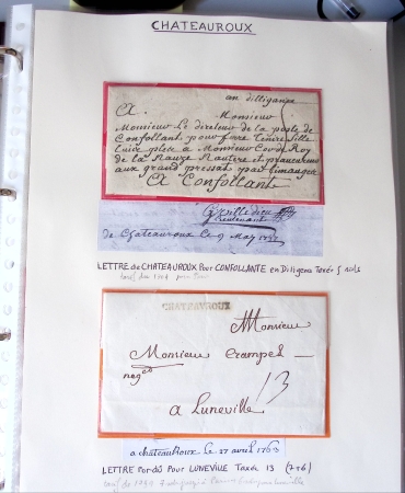Bel album brun simili-cuir Leuchtturm avec boitier contenant 37 marques postales de Chateauroux + 6 décrets et documents dont plis de la Révolution Française. A étudier. TB