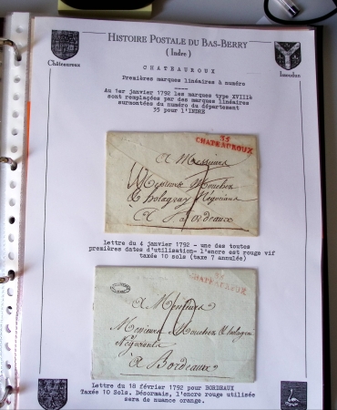 Bel album brun simili-cuir Leuchtturm avec boitier contenant 37 marques postales de Chateauroux + 6 décrets et documents dont plis de la Révolution Française. A étudier. TB