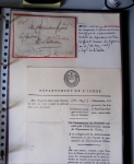 Bel album brun simili-cuir Leuchtturm avec boitier contenant 37 marques postales de Chateauroux + 6 décrets et documents dont plis de la Révolution Française. A étudier. TB