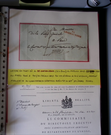 Bel album brun simili-cuir Leuchtturm avec boitier contenant 37 marques postales de Chateauroux + 6 décrets et documents dont plis de la Révolution Française. A étudier. TB