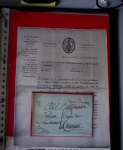 Bel album brun simili-cuir Leuchtturm avec boitier contenant 37 marques postales de Chateauroux + 6 décrets et documents dont plis de la Révolution Française. A étudier. TB