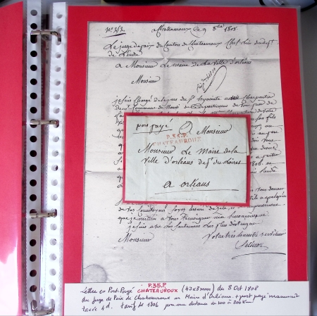 Bel album brun simili-cuir Leuchtturm avec boitier contenant 71 plis de ou pour Chateauroux avec MP et CAD dont lettre pour Chateauroux avec MP ronde "Bureau français Rome", 3 MP rouges "P 35 P Chateauroux", 2 franchise