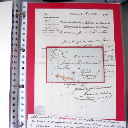 Bel album brun simili-cuir Leuchtturm avec boitier contenant 71 plis de ou pour Chateauroux avec MP et CAD dont lettre pour Chateauroux avec MP ronde "Bureau français Rome", 3 MP rouges "P 35 P Chateauroux", 2 franchise