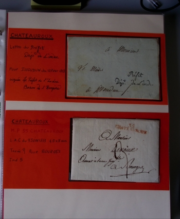 Bel album brun simili-cuir Leuchtturm avec boitier contenant 71 plis de ou pour Chateauroux avec MP et CAD dont lettre pour Chateauroux avec MP ronde "Bureau français Rome", 3 MP rouges "P 35 P Chateauroux", 2 franchise