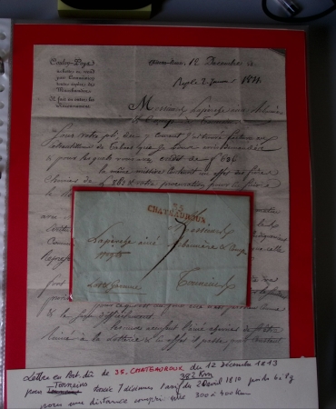Bel album brun simili-cuir Leuchtturm avec boitier contenant 71 plis de ou pour Chateauroux avec MP et CAD dont lettre pour Chateauroux avec MP ronde "Bureau français Rome", 3 MP rouges "P 35 P Chateauroux", 2 franchise