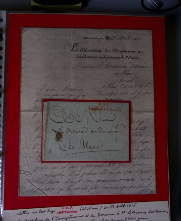 Bel album brun simili-cuir Leuchtturm avec boitier contenant 71 plis de ou pour Chateauroux avec MP et CAD dont lettre pour Chateauroux avec MP ronde "Bureau français Rome", 3 MP rouges "P 35 P Chateauroux", 2 franchise