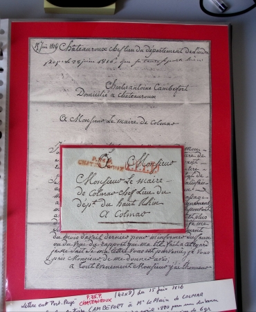 Bel album brun simili-cuir Leuchtturm avec boitier contenant 71 plis de ou pour Chateauroux avec MP et CAD dont lettre pour Chateauroux avec MP ronde "Bureau français Rome", 3 MP rouges "P 35 P Chateauroux", 2 franchise