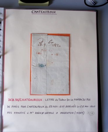 Bel album brun simili-cuir Leuchtturm avec boitier contenant 71 plis de ou pour Chateauroux avec MP et CAD dont lettre pour Chateauroux avec MP ronde "Bureau français Rome", 3 MP rouges "P 35 P Chateauroux", 2 franchise