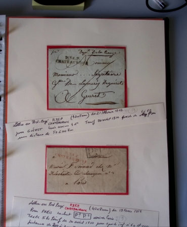 Bel album brun simili-cuir Leuchtturm avec boitier contenant 71 plis de ou pour Chateauroux avec MP et CAD dont lettre pour Chateauroux avec MP ronde "Bureau français Rome", 3 MP rouges "P 35 P Chateauroux", 2 franchise
