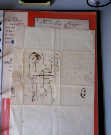 Bel album brun simili-cuir Leuchtturm avec boitier contenant 71 plis de ou pour Chateauroux avec MP et CAD dont lettre pour Chateauroux avec MP ronde "Bureau français Rome", 3 MP rouges "P 35 P Chateauroux", 2 franchise