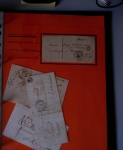Bel album brun simili-cuir Leuchtturm avec boitier contenant 71 plis de ou pour Chateauroux avec MP et CAD dont lettre pour Chateauroux avec MP ronde "Bureau français Rome", 3 MP rouges "P 35 P Chateauroux", 2 franchise