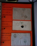 Bel album brun simili-cuir Leuchtturm avec boitier contenant 71 plis de ou pour Chateauroux avec MP et CAD dont lettre pour Chateauroux avec MP ronde "Bureau français Rome", 3 MP rouges "P 35 P Chateauroux", 2 franchise