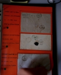 Bel album brun simili-cuir Leuchtturm avec boitier contenant 71 plis de ou pour Chateauroux avec MP et CAD dont lettre pour Chateauroux avec MP ronde "Bureau français Rome", 3 MP rouges "P 35 P Chateauroux", 2 franchise