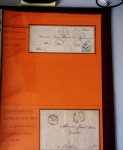 Bel album brun simili-cuir Leuchtturm avec boitier contenant 71 plis de ou pour Chateauroux avec MP et CAD dont lettre pour Chateauroux avec MP ronde "Bureau français Rome", 3 MP rouges "P 35 P Chateauroux", 2 franchise