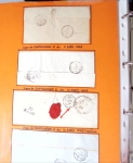 Bel album brun simili-cuir Leuchtturm avec boitier contenant 71 plis de ou pour Chateauroux avec MP et CAD dont lettre pour Chateauroux avec MP ronde "Bureau français Rome", 3 MP rouges "P 35 P Chateauroux", 2 franchise