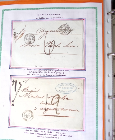 Bel album brun simili-cuir Leuchtturm avec boitier contenant 71 plis de ou pour Chateauroux avec MP et CAD dont lettre pour Chateauroux avec MP ronde "Bureau français Rome", 3 MP rouges "P 35 P Chateauroux", 2 franchise