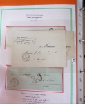 Bel album brun simili-cuir Leuchtturm avec boitier contenant 71 plis de ou pour Chateauroux avec MP et CAD dont lettre pour Chateauroux avec MP ronde "Bureau français Rome", 3 MP rouges "P 35 P Chateauroux", 2 franchise