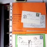 Bel album brun simili-cuir Leuchtturm contenant 87 lettres classiques affranchies de Chateauroux dont 2 AFF n°10, 3 AFF n°17, avec timbres-taxe carrés, 5 AFF Bordeaux, convoyeurs-stations etc. TB
