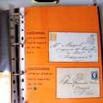 Bel album brun simili-cuir Leuchtturm contenant 87 lettres classiques affranchies de Chateauroux dont 2 AFF n°10, 3 AFF n°17, avec timbres-taxe carrés, 5 AFF Bordeaux, convoyeurs-stations etc. TB