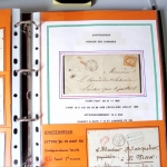 Bel album brun simili-cuir Leuchtturm contenant 87 lettres classiques affranchies de Chateauroux dont 2 AFF n°10, 3 AFF n°17, avec timbres-taxe carrés, 5 AFF Bordeaux, convoyeurs-stations etc. TB