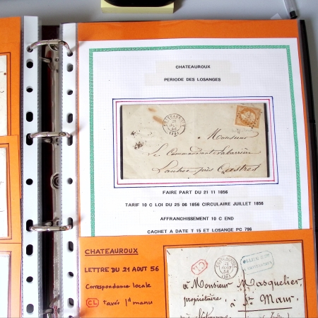 Bel album brun simili-cuir Leuchtturm contenant 87 lettres classiques affranchies de Chateauroux dont 2 AFF n°10, 3 AFF n°17, avec timbres-taxe carrés, 5 AFF Bordeaux, convoyeurs-stations etc. TB