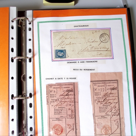 Bel album brun simili-cuir Leuchtturm contenant 87 lettres classiques affranchies de Chateauroux dont 2 AFF n°10, 3 AFF n°17, avec timbres-taxe carrés, 5 AFF Bordeaux, convoyeurs-stations etc. TB