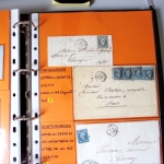 Bel album brun simili-cuir Leuchtturm contenant 87 lettres classiques affranchies de Chateauroux dont 2 AFF n°10, 3 AFF n°17, avec timbres-taxe carrés, 5 AFF Bordeaux, convoyeurs-stations etc. TB