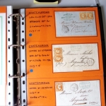 Bel album brun simili-cuir Leuchtturm contenant 87 lettres classiques affranchies de Chateauroux dont 2 AFF n°10, 3 AFF n°17, avec timbres-taxe carrés, 5 AFF Bordeaux, convoyeurs-stations etc. TB
