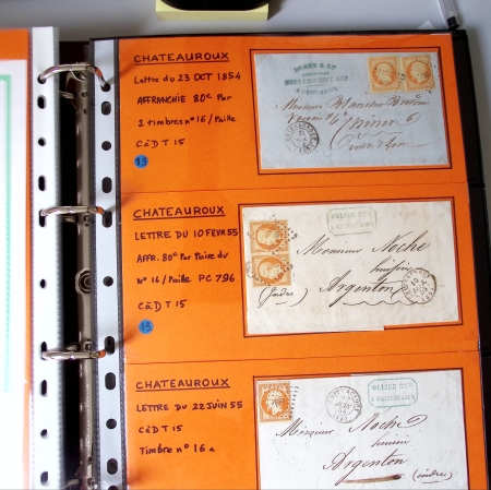 Bel album brun simili-cuir Leuchtturm contenant 87 lettres classiques affranchies de Chateauroux dont 2 AFF n°10, 3 AFF n°17, avec timbres-taxe carrés, 5 AFF Bordeaux, convoyeurs-stations etc. TB