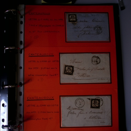 Bel album brun simili-cuir Leuchtturm contenant 87 lettres classiques affranchies de Chateauroux dont 2 AFF n°10, 3 AFF n°17, avec timbres-taxe carrés, 5 AFF Bordeaux, convoyeurs-stations etc. TB