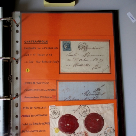 Bel album brun simili-cuir Leuchtturm contenant 87 lettres classiques affranchies de Chateauroux dont 2 AFF n°10, 3 AFF n°17, avec timbres-taxe carrés, 5 AFF Bordeaux, convoyeurs-stations etc. TB