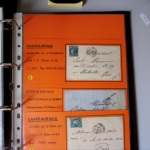 Bel album brun simili-cuir Leuchtturm contenant 87 lettres classiques affranchies de Chateauroux dont 2 AFF n°10, 3 AFF n°17, avec timbres-taxe carrés, 5 AFF Bordeaux, convoyeurs-stations etc. TB