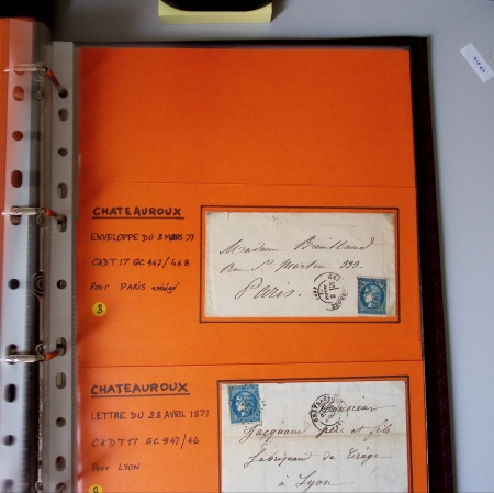 Bel album brun simili-cuir Leuchtturm contenant 87 lettres classiques affranchies de Chateauroux dont 2 AFF n°10, 3 AFF n°17, avec timbres-taxe carrés, 5 AFF Bordeaux, convoyeurs-stations etc. TB