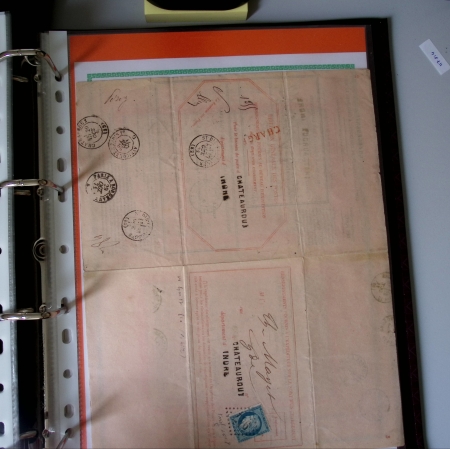 Bel album brun simili-cuir Leuchtturm contenant 87 lettres classiques affranchies de Chateauroux dont 2 AFF n°10, 3 AFF n°17, avec timbres-taxe carrés, 5 AFF Bordeaux, convoyeurs-stations etc. TB