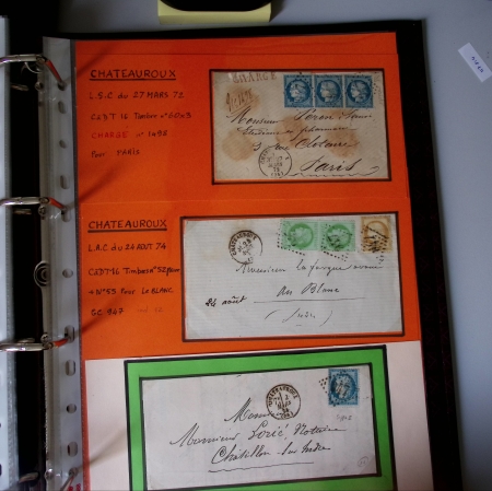 Bel album brun simili-cuir Leuchtturm contenant 87 lettres classiques affranchies de Chateauroux dont 2 AFF n°10, 3 AFF n°17, avec timbres-taxe carrés, 5 AFF Bordeaux, convoyeurs-stations etc. TB