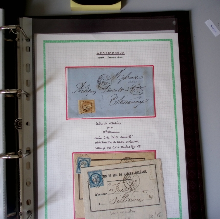 Bel album brun simili-cuir Leuchtturm contenant 87 lettres classiques affranchies de Chateauroux dont 2 AFF n°10, 3 AFF n°17, avec timbres-taxe carrés, 5 AFF Bordeaux, convoyeurs-stations etc. TB