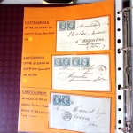Bel album brun simili-cuir Leuchtturm contenant 87 lettres classiques affranchies de Chateauroux dont 2 AFF n°10, 3 AFF n°17, avec timbres-taxe carrés, 5 AFF Bordeaux, convoyeurs-stations etc. TB