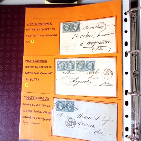Bel album brun simili-cuir Leuchtturm contenant 87 lettres classiques affranchies de Chateauroux dont 2 AFF n°10, 3 AFF n°17, avec timbres-taxe carrés, 5 AFF Bordeaux, convoyeurs-stations etc. TB