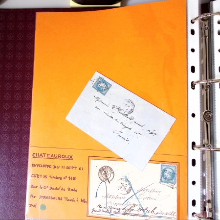 Bel album brun simili-cuir Leuchtturm contenant 87 lettres classiques affranchies de Chateauroux dont 2 AFF n°10, 3 AFF n°17, avec timbres-taxe carrés, 5 AFF Bordeaux, convoyeurs-stations etc. TB