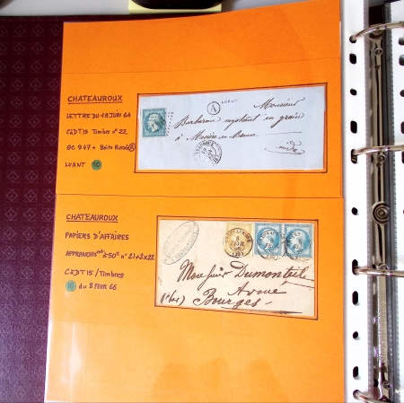 Bel album brun simili-cuir Leuchtturm contenant 87 lettres classiques affranchies de Chateauroux dont 2 AFF n°10, 3 AFF n°17, avec timbres-taxe carrés, 5 AFF Bordeaux, convoyeurs-stations etc. TB