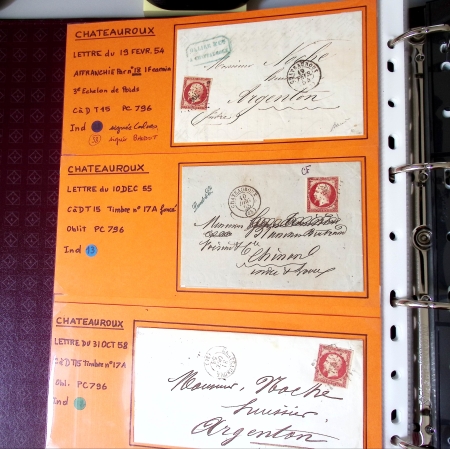 Bel album brun simili-cuir Leuchtturm contenant 87 lettres classiques affranchies de Chateauroux dont 2 AFF n°10, 3 AFF n°17, avec timbres-taxe carrés, 5 AFF Bordeaux, convoyeurs-stations etc. TB
