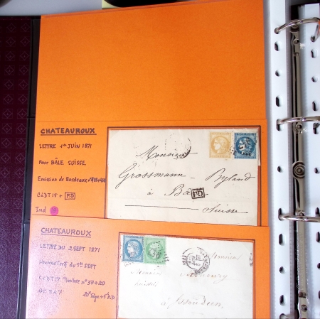 Bel album brun simili-cuir Leuchtturm contenant 87 lettres classiques affranchies de Chateauroux dont 2 AFF n°10, 3 AFF n°17, avec timbres-taxe carrés, 5 AFF Bordeaux, convoyeurs-stations etc. TB