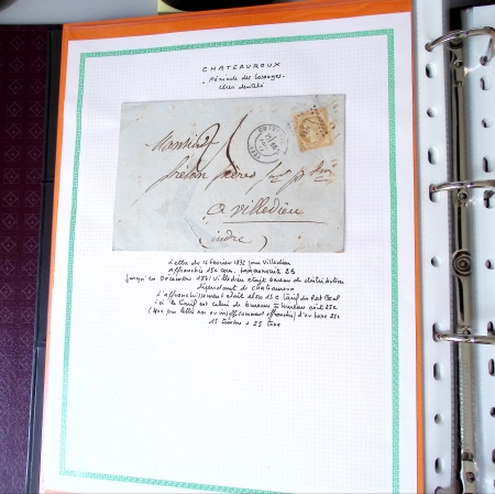 Bel album brun simili-cuir Leuchtturm contenant 87 lettres classiques affranchies de Chateauroux dont 2 AFF n°10, 3 AFF n°17, avec timbres-taxe carrés, 5 AFF Bordeaux, convoyeurs-stations etc. TB