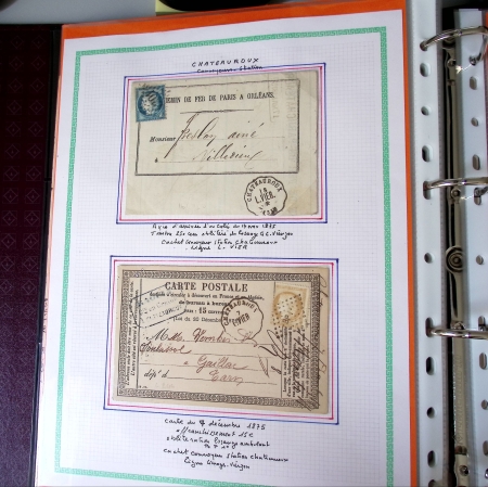 Bel album brun simili-cuir Leuchtturm contenant 87 lettres classiques affranchies de Chateauroux dont 2 AFF n°10, 3 AFF n°17, avec timbres-taxe carrés, 5 AFF Bordeaux, convoyeurs-stations etc. TB