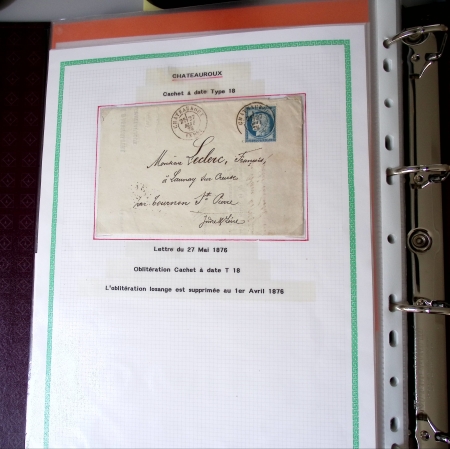 Bel album brun simili-cuir Leuchtturm contenant 87 lettres classiques affranchies de Chateauroux dont 2 AFF n°10, 3 AFF n°17, avec timbres-taxe carrés, 5 AFF Bordeaux, convoyeurs-stations etc. TB