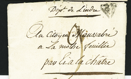 Lettre de Paris pour La Châtre (1799) avec au verso déboursé manuscrit "DB de Chatillon S.I B. à l'adresse. RR et TB