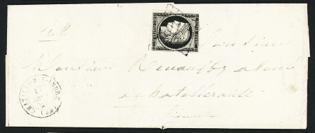 N°3 OBL grille + T15 Chatillon-s-Indre (1850) sur lettre. TB